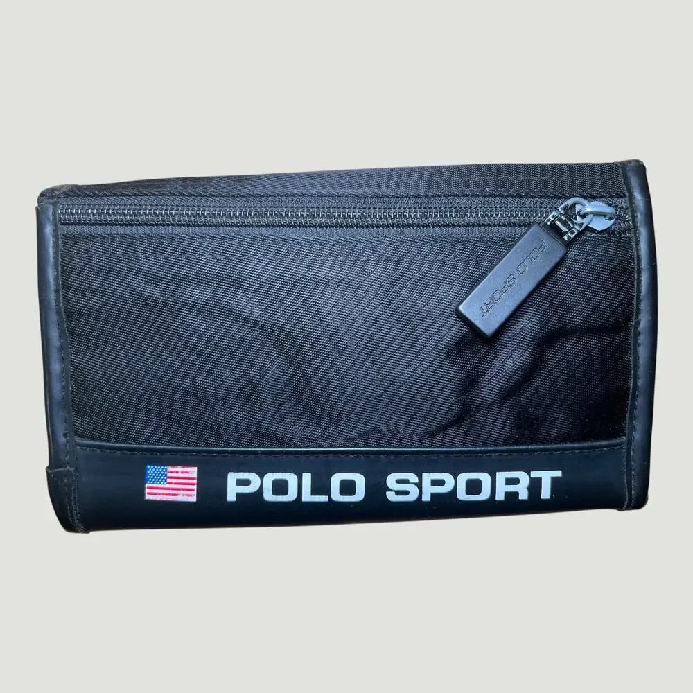 Vintage Polo Sport Ralph Lauren Trifold Wallet Black Nylon Flag Logo Y2K